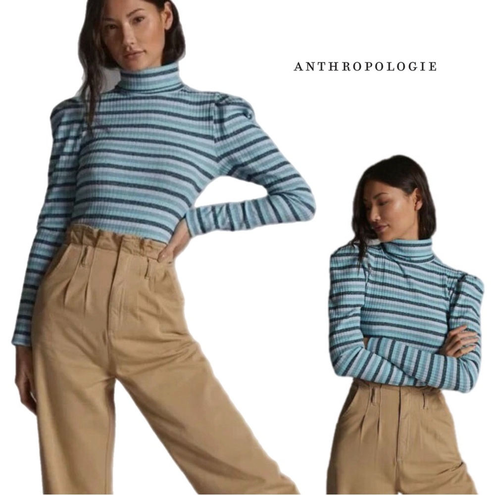 NEW Anthropologie Maeve Blue Striped Turtleneck Top